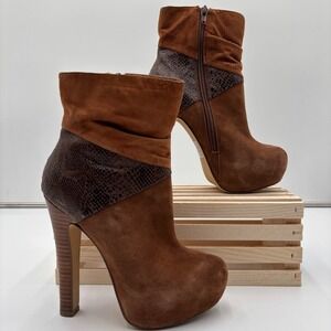 Bakers Katerina Womens Tan Suede Snakeskin Platform Ankle Boots 5